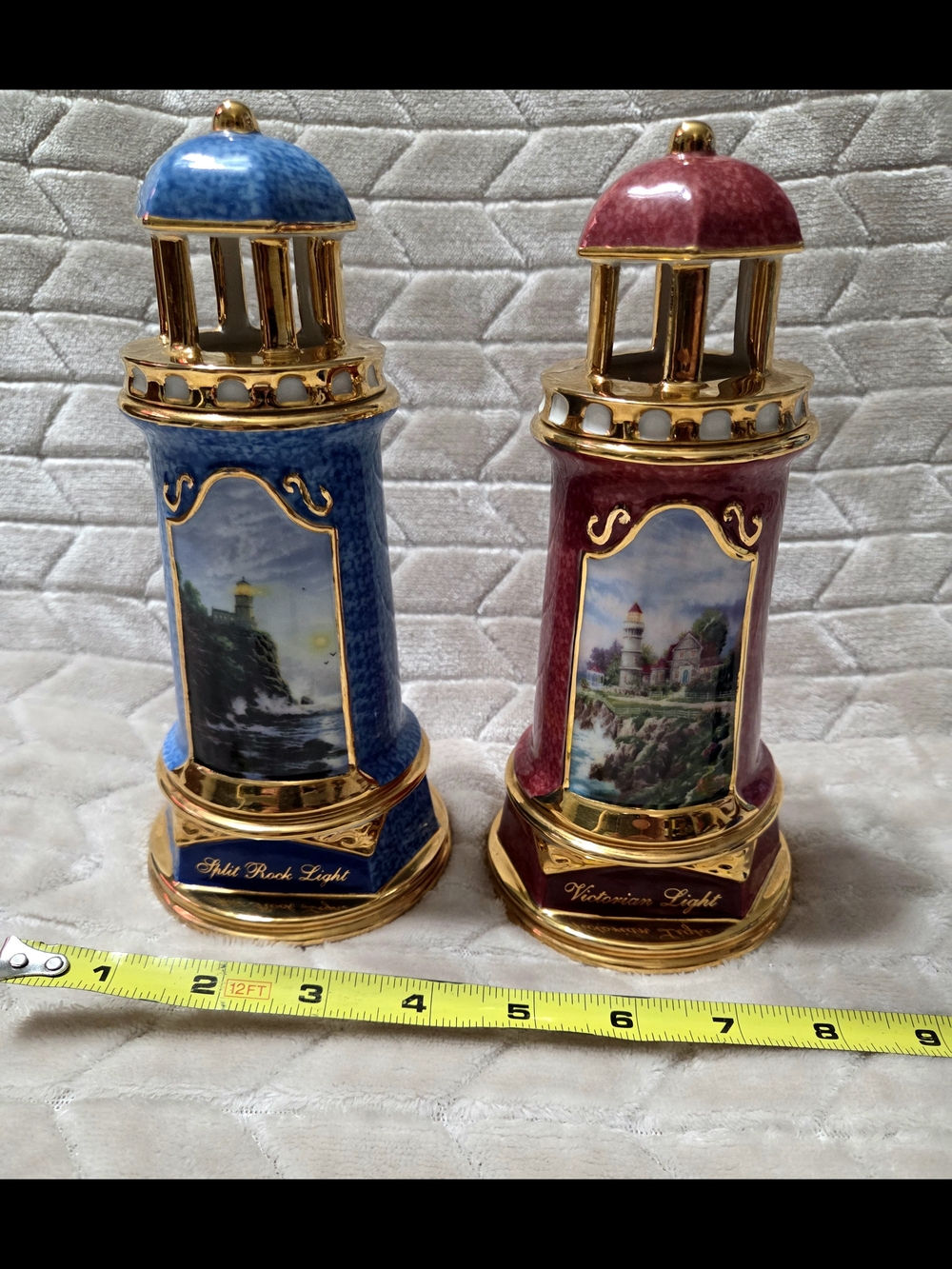 Vintage 2004 Thomas Kinkade Blue and Burgundy Lighthouse Pair with Gold Trim